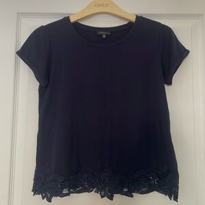 Dynamite Navy Blue T-Shirt with Floral Lace Hem